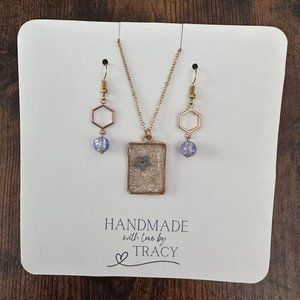 New Handmade Gold-Tone Earrings and Real Forget-Me-Not Flower Necklace Set (V3)
